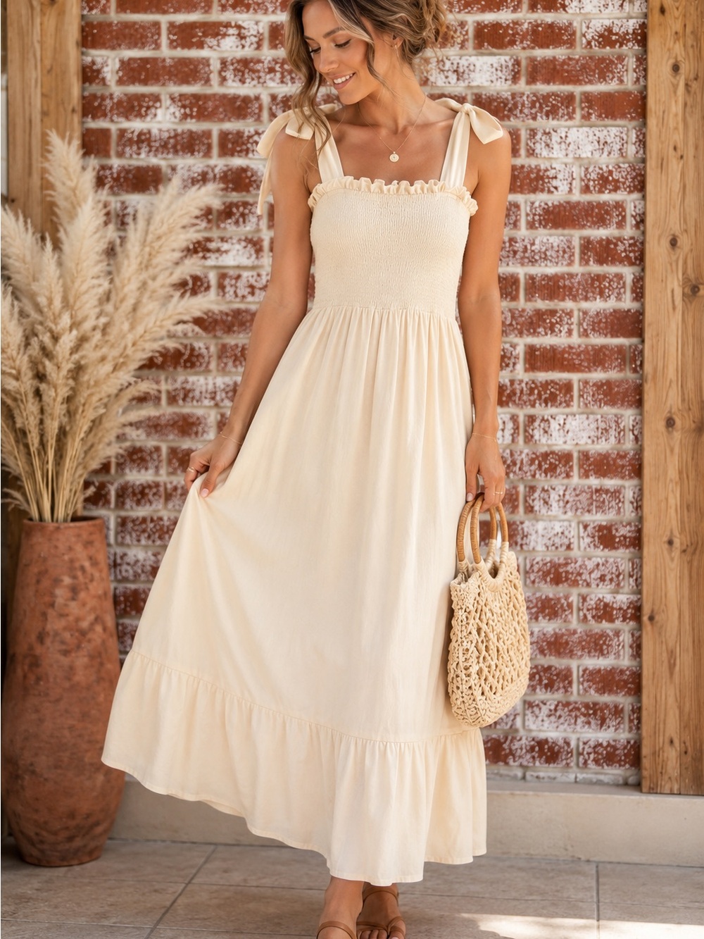 ZESICA Cream 100% Viscose Smocked Tie Shoulder Maxi Dress Boho Cottagecore Sz S